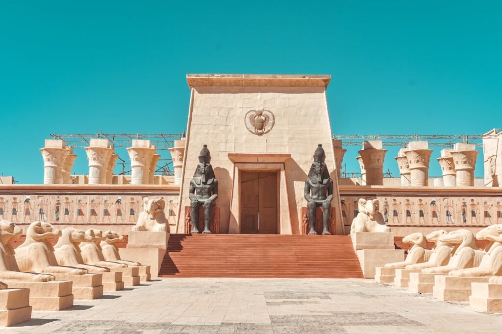 Stunning ancient Egyptian-inspired facade at Atlas Film Studio, Ouarzazate, Morocco.