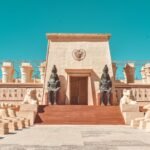 Stunning ancient Egyptian-inspired facade at Atlas Film Studio, Ouarzazate, Morocco.