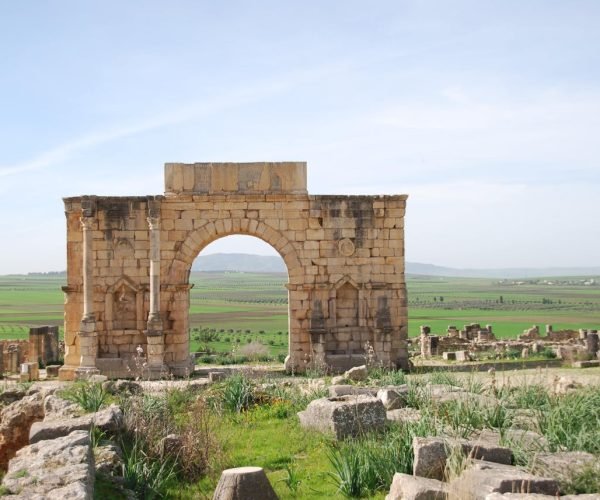 Ancient Roman triumphal arch at Volubilis in Mequinez, Morocco, a UNESCO World Heritage site.
