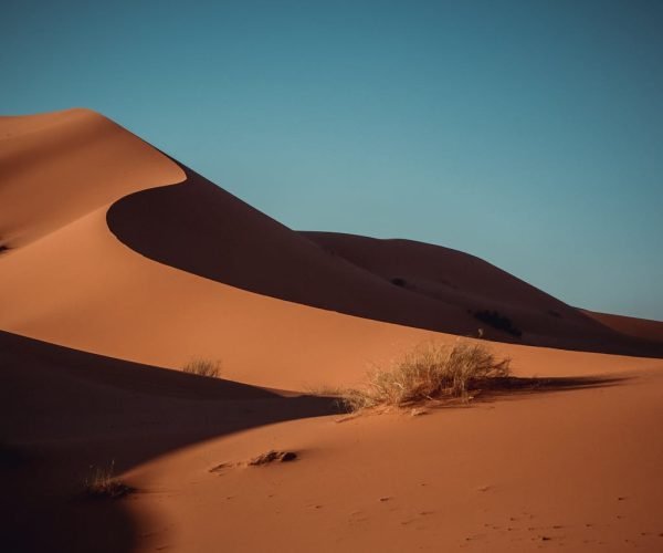 Serene sand dunes in Merzouga glow under a brilliant sunset sky, capturing the essence of the Sahara desert.