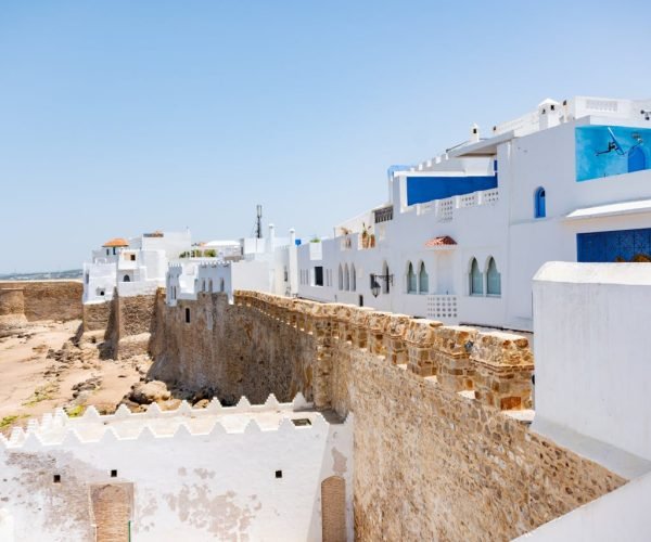 A view of a whitewashed medina with an ancient seaside fortress under a clear blue sky in Morocco.