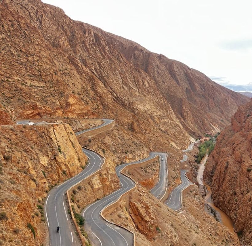 Aerial view of the winding road through Dades Gorges, Morocco.