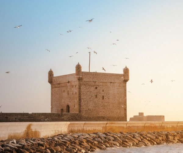 Scenic sunset view of Skala de la Ville fortress in Essaouira, Morocco with seagulls flying above.