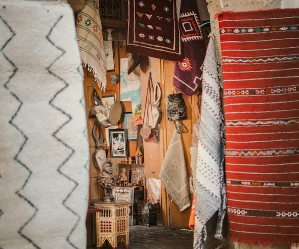 Explore a vibrant collection of Moroccan textiles displayed in a shop in Casablanca, Morocco.