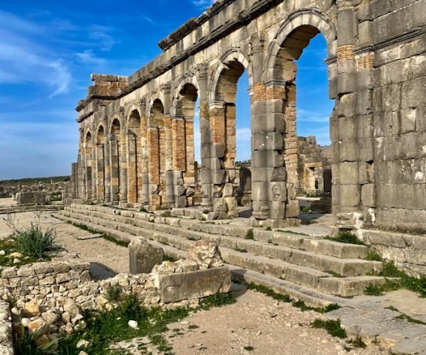 Explore the intricate remains of ancient Roman ruins basking in sunlight under a vivid blue sky.