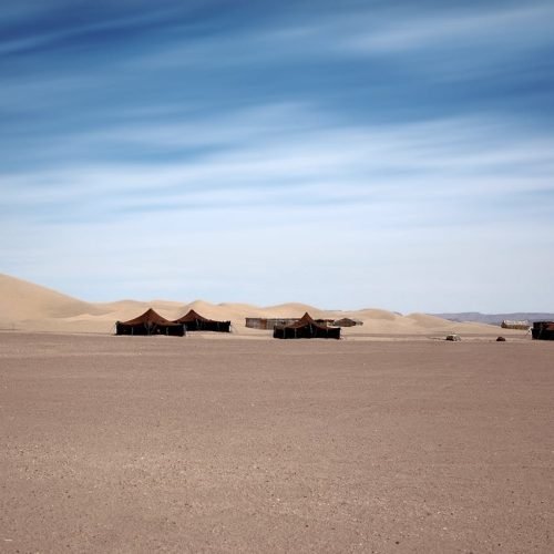 traditional tents in Merzouga, a remote area in the Moroccan Sahara.