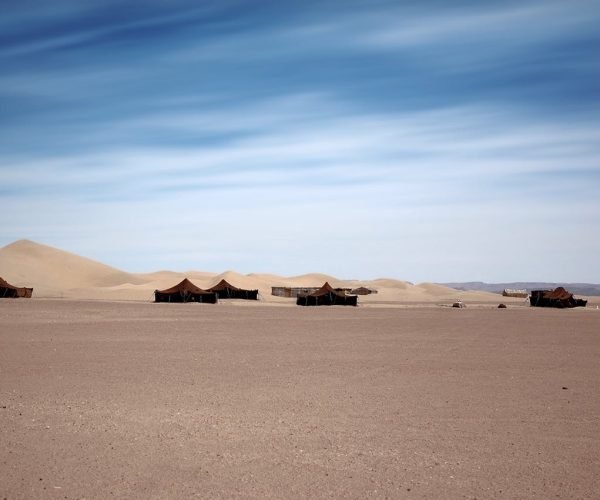 traditional tents in Merzouga, a remote area in the Moroccan Sahara.