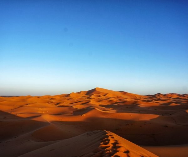 Capture the stunning beauty of expansive orange dunes beneath a vast blue sky, perfect for adventure or travel themes.