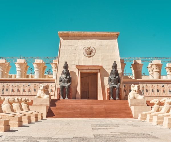 Stunning ancient Egyptian-inspired facade at Atlas Film Studio, Ouarzazate, Morocco.